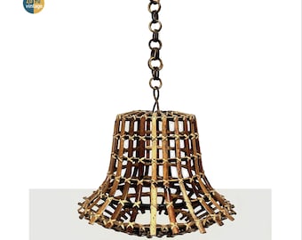 Lampadario a sospensione vintage in bambù e rattan, campana, anni 60, stile boho