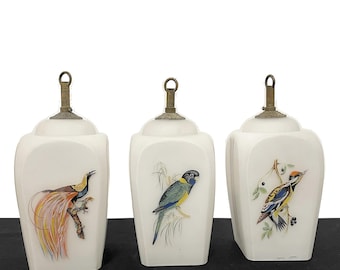 Rare trio of vintage pendant lamps in white opaline glass, decorated with painted bird figures, 1950s