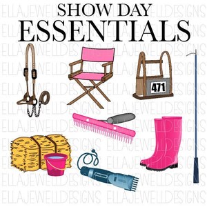 May include: Show day essentials illustration featuring a pink folding chair, a hay bale, a pink bucket, a pink grooming brush, a pair of pink rain boots, a halter and lead rope, a grooming clippers, and a stall with the number 471.