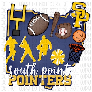 May include: A blue and yellow graphic design featuring the state of Ohio with the words "South Point Pointers" and various sports icons including a football, baseball, basketball, and cheerleading pom-poms.