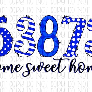 Hogar Dulce Hogar 63873 Código Postal Portageville Missouri Royal Blue Patterns Descarga digital Archivo PNG instantáneo