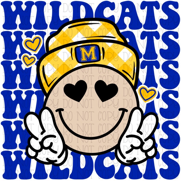 Marion Wildcats - Peace Smile Hippie Yellow and Blue - Illinois - Plaid - School Sports Team - Digital Download Instant PNG File