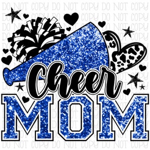 Cheer Mom Megaphone Pom Poms Blue Black Glitter Digital Instant Download PNG File