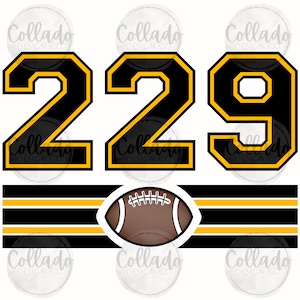 Puede incluir: Un diseño digital con el número 229 en negro con ribete dorado y un balón de fútbol marrón con ribete blanco. Debajo de los números hay rayas horizontales negras y doradas. El diseño incluye el texto "Collado DESIGN CO".