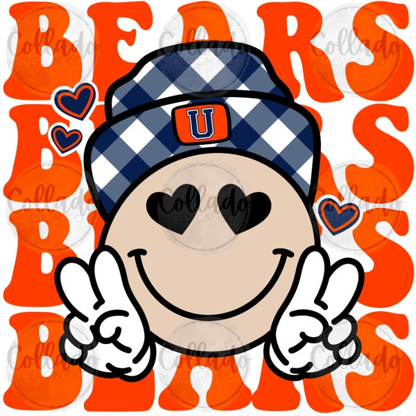 Union Bears Peace Smile - Kentucky Navy Blue and Orange Gingham - School Sports Team - Digital Download Instant PNG File