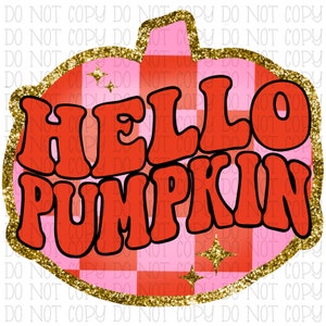Hello Pumpkin - Retro Plaid Checker Glitter Pink Orange - Digital Download Instant PNG File
