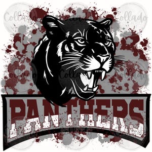 May include: A black and white illustration of a panther's head with bared teeth. The word "PANTHERS" is displayed in a gray and maroon banner. The background features maroon and gray paint splatters.