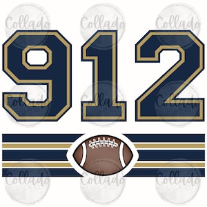 May include: Navy blue numbers 9, 1, and 2 with gold trim, and a brown football graphic. The numbers are in a bold, collegiate style. Below the numbers are navy blue and gold stripes. The word "Collado" and "Design Co" are printed on the image.