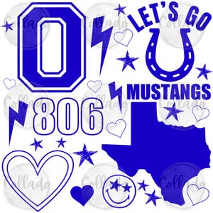 May include: Blue and white graphic design elements including a large letter "O", the number "806", a lightning bolt, a horseshoe, a star, a heart, and the text "Let's Go Mustangs".