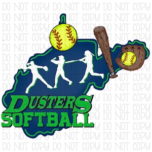 May include: A blue and green softball team logo with the text "Dusters Softball". The logo features three female softball players, a baseball bat, a baseball glove, and a softball.