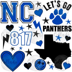 May include: A collection of digital graphics featuring the letters "NC", the number "817", stars, hearts, a paw print, a Texas outline, and the words "LET'S GO" and "PANTHERS". The design elements are in blue, black, and white.