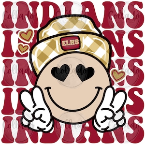 May include: A digital design featuring a smiling face with heart-shaped eyes and peace signs. The face wears a plaid hat with "ELHS" on it. The word "INDIANS" is in a red, stylized font around the face, with hearts.