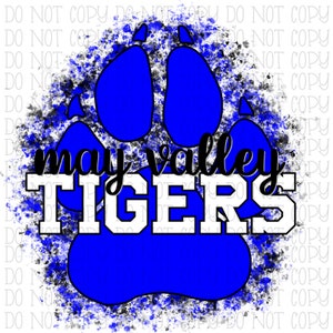 May Valley Tigers - Kentucky - Blue Paw Print Paint Spatter- School Sports Team - Digital Download Instant PNG File