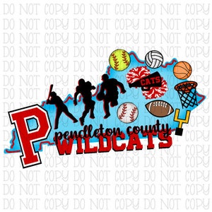 Puede incluir: Un contorno azul del estado de Kentucky con una "P" roja y las palabras "pendleton county WILDCATS" en rojo. El contorno está lleno de varias imágenes relacionadas con los deportes, incluyendo un béisbol, una pelota de softbol, un baloncesto, un fútbol, animadoras y un aro de baloncesto.