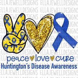 Peace Love Cure - Huntington&#39;s Disease Awareness - Blue Ribbon - Yellow - Digital Download Instant PNG File