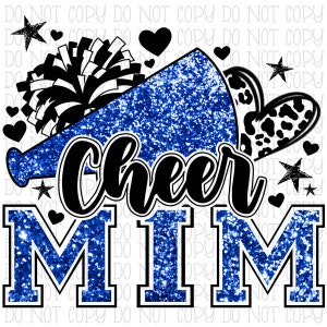 Cheer Mim Megaphone Pom Poms Black and Blue Glitter Digital Instant Download PNG File