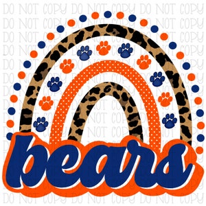 May include: A rainbow design with orange, white, and brown stripes. The rainbow is decorated with orange and blue paw prints. The word "bears" is written in blue and orange letters below the rainbow.
