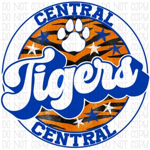 Central Tigers - Tiger Print Circle - Blauw en Oranje - Schoolsportteam - Digitale download Instant PNG-bestand