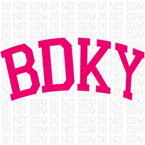 May include: Pink letters spelling out the word "BDKY" in a bold, blocky font style. The letters are slightly curved, giving the word a playful, arched appearance.