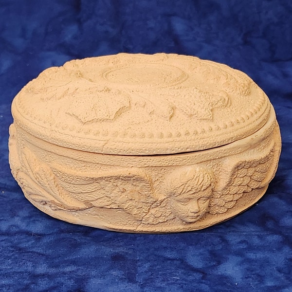 Angel Cherub Terra Cotta Pottery Round Trinket Box