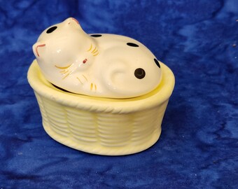 Vintage Ceramic Cat on Basket Trinket or Jewelry Box