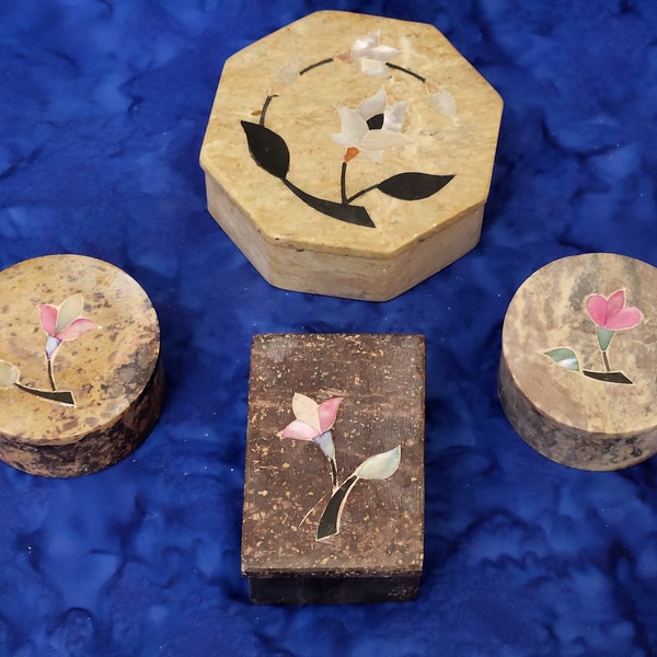 Stone Trinket Box with Mother-of-Pearl Inlay Flowers on Top Jewelry or Trinket Box