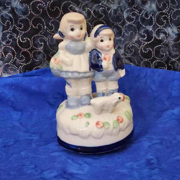 Revolving Porcelain Music Box with Little Girl and Little Boy in Blue with Lamb playing Doctor Zhivago Lara's Theme