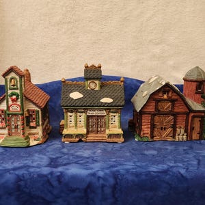 Red Barn Lighted Village - Etsy Vintage Ceramic Christmas Village Set 8pc Red Barn‎ Silo Church Lighted Houses main image 0