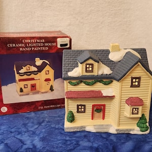 Christmas Village Light Up Modern Yellow House with Blue Roof Christmas Village Home Décor, Christmas Village House Home Décor