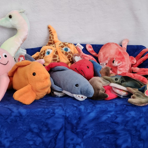 Beanie Babies Sea Life and Goldie including Wish Starfish Inky and Wiggly Octopus Claude Crab Neon Seahouse Pinchers Lobster Crunch Shark