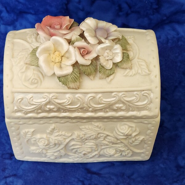 Vintage Large Porcelain Box with Roses and Flowers