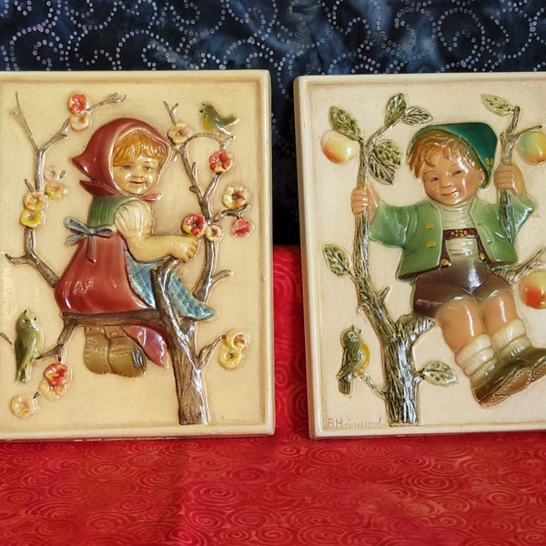 Hummel Resin Plaque Framed Small Picture Boy in Tree Girl in Tree Folk Art 1960's