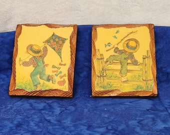 Vintage Wooden Plaques with Little Boy Flying a Kite and Little Boy going Fishing