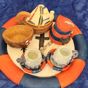 Miniature Anchor Boat and other Nautical Themed Tea Set in Orange and Blue Colors