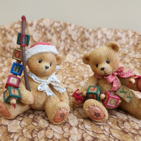 Cherish Teddies by Priscilla Hillman "You Always Bring Joy" and Holden "Catchin The Holiday Spirit!"  Bear Holding Blocks Figurine