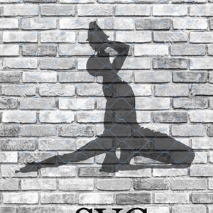 May include: A black silhouette of a person in a yoga pose, holding a bird in their hand, against a gray brick wall background. The word "SVG" is printed below the silhouette.