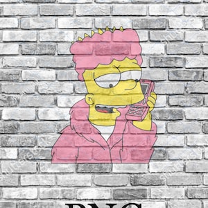 May include: A cartoon character with pink hair and a yellow face is talking on a pink cell phone. The character is wearing a pink jacket and has a crown on their head. The background is a gray brick wall.