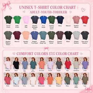 The image is a color chart for adult-young-toddler clothing, featuring a variety of t-shirt colors and styles.
