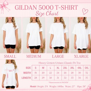 The image is a size chart for a GILDA 5000 T-shirt, showing the different sizes available in a collage of four images.
