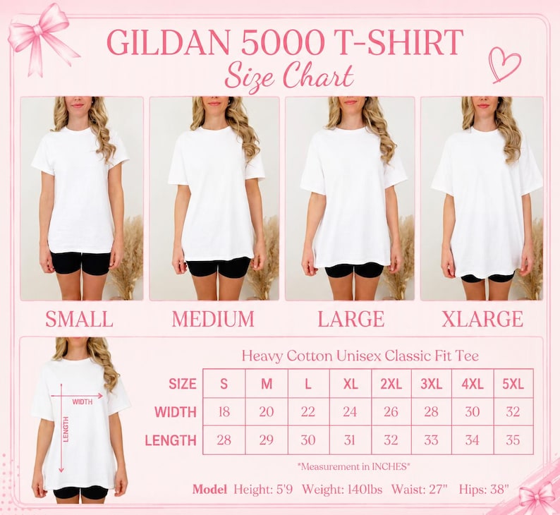 The image is a size chart for a GILDA 5000 T-shirt, showing the different sizes available in a collage of four images.