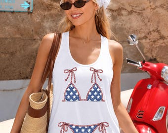 USA Bikini Top Racerback, Red White Blue Swimsuit Tank Top, Vacation Vneck Tee, Beach T-Shirt, rur616