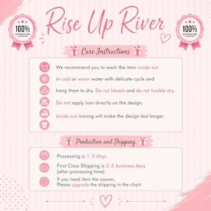 care instructions and production and shipping information for a product, with a pink and white color scheme.