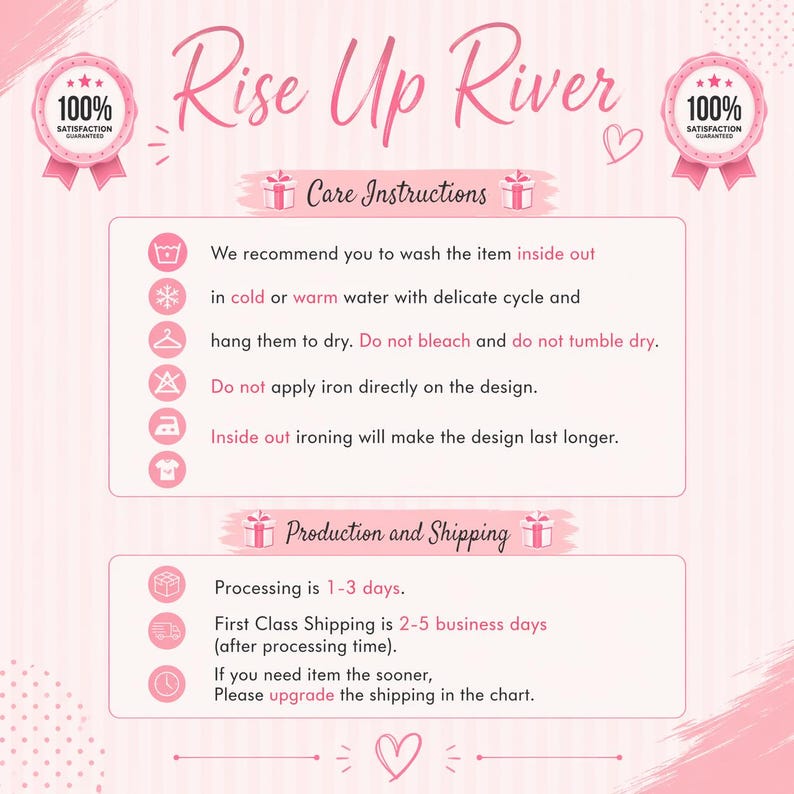 care instructions and production and shipping information for a product, with a pink and white color scheme.
