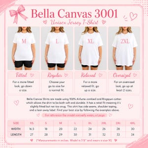 The image is a collage of four images showing different sizes of the same unisex t-shirt, labeled with the sizes and corresponding measurements.