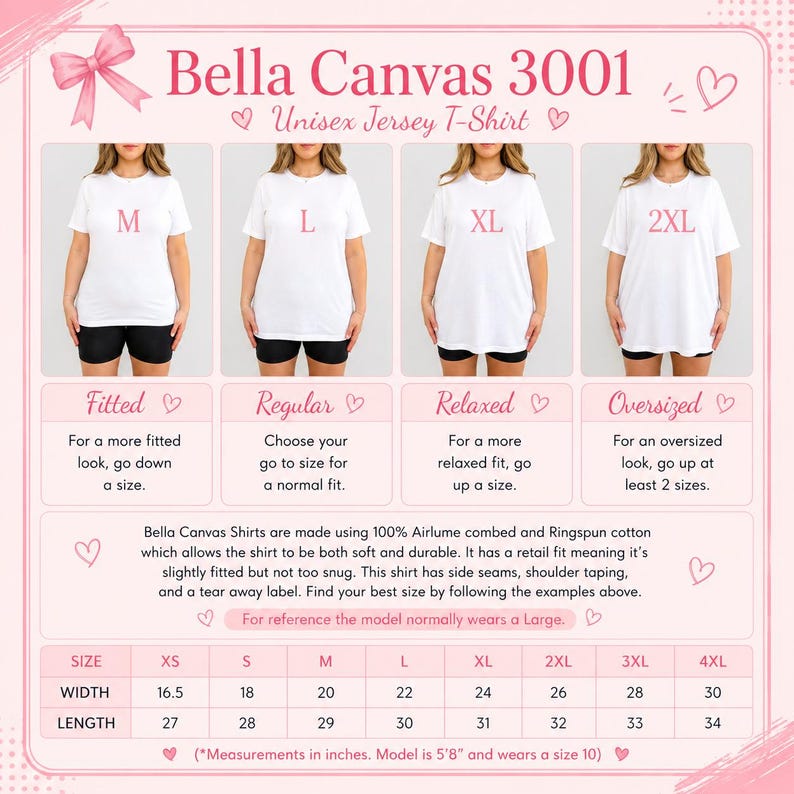 The image is a collage of four images showing different sizes of the same unisex t-shirt, labeled with the sizes and corresponding measurements.