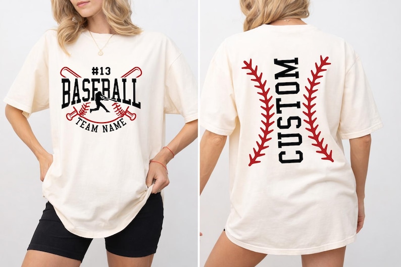 a woman wearing a white t-shirt with a baseball design and text on the back.