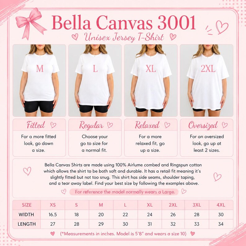 The image is a collage of four images showing different sizes of the same unisex t-shirt, labeled with the sizes and corresponding measurements.