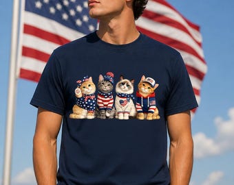 Patriotic Cat Shirt, 4th of July Cat Tee, American Flag Kitten Shirt, Fireworks Cats Graphic Tee, Cute USA Cats Shirt, rur608
