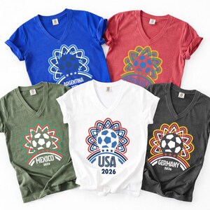 Retro Soccer Vneck Tshirt, Brazil, Argentina, USA, Mexico, England, Portugal, France, Germany, World Soccer 2026, rur518