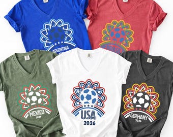 Retro Soccer Vneck Tshirt, Brazil, Argentina, USA, Mexico, England, Portugal, France, Germany, World Soccer 2026, rur518